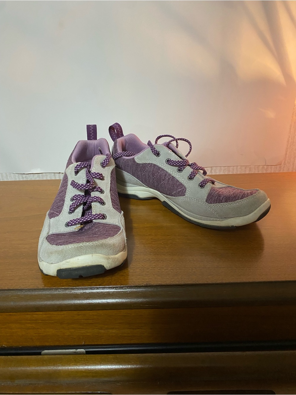 L.L. Bean BeanSport Mesh Knit & Suede Lace-Up Sneakers - Gray/Eggplant Purple